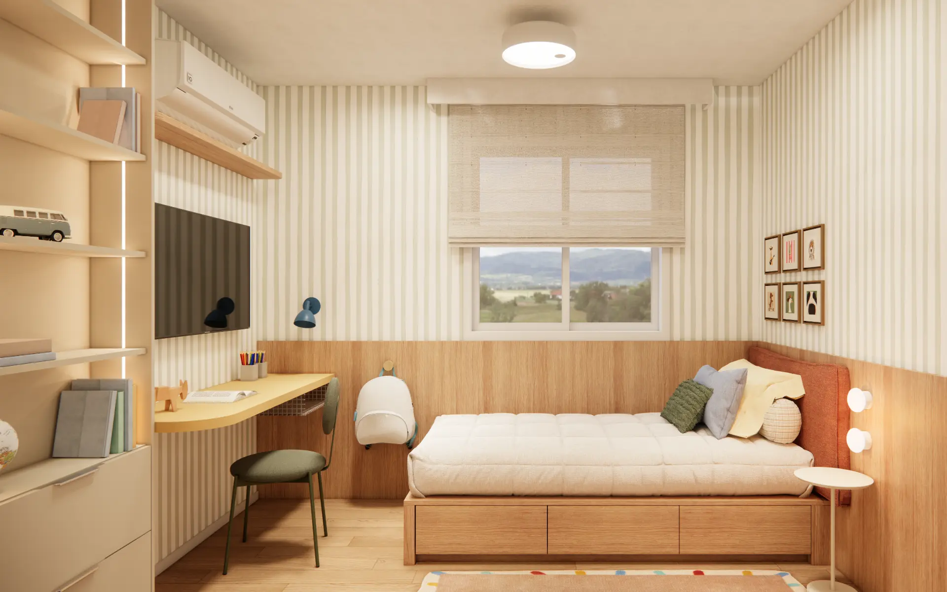 Dormitório infantil do decorado Sky Breeze com cama com gavetas, bancada de estudos e vista para a serra