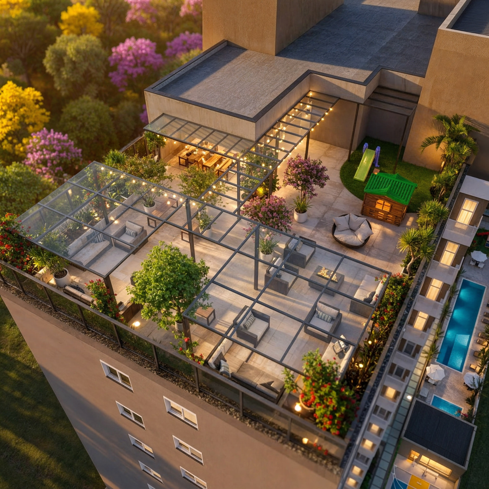 Rooftop do Sky Breeze ao entardecer com pergolados de vidro, lounges, jardins floridos e espaço kids