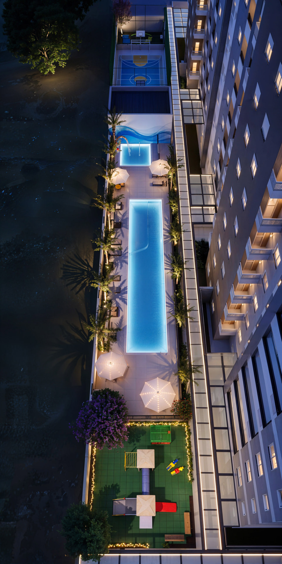 Vista geral do Sky Breeze com lazer térreo, piscina raiada, playground e quadra iluminados