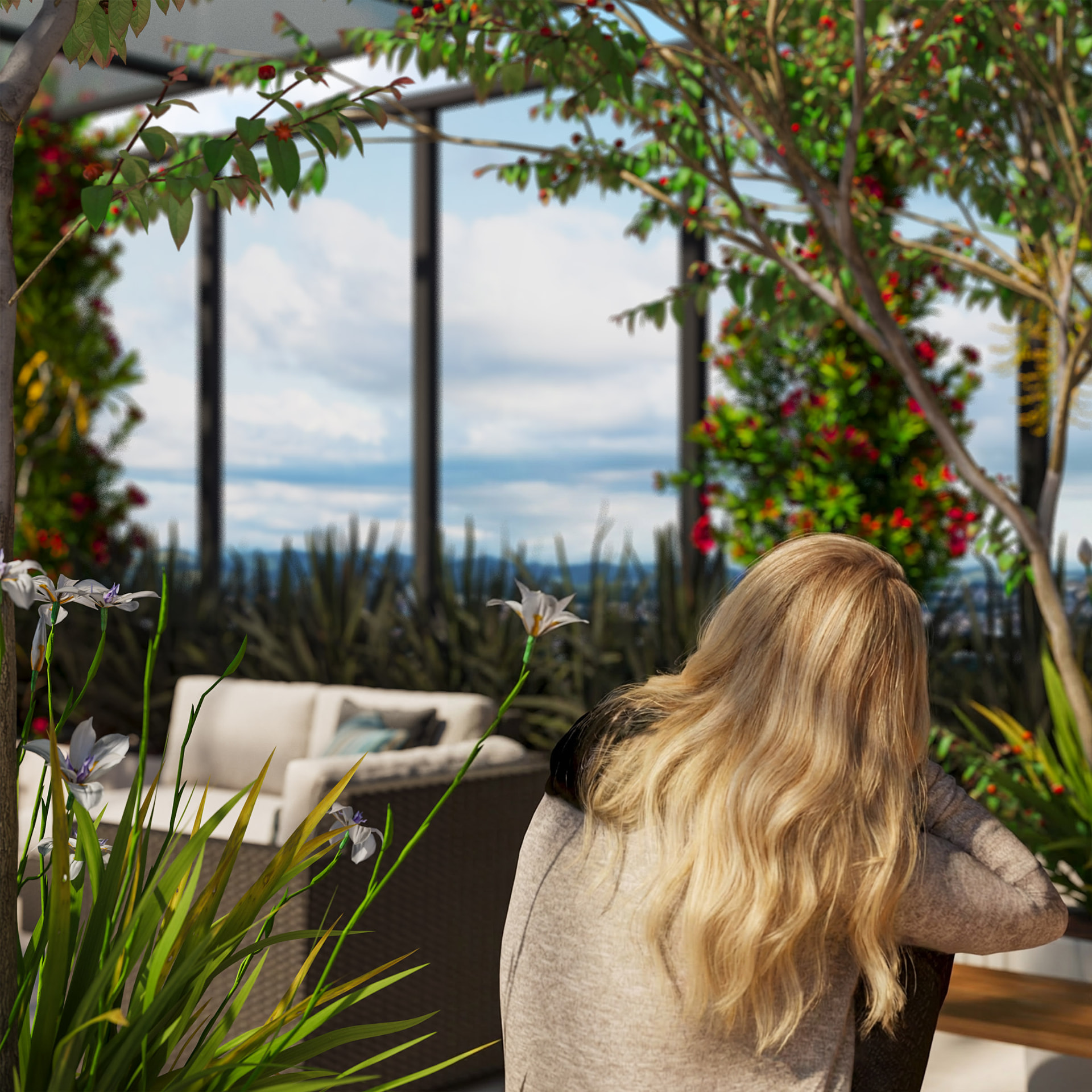 Espaço de contemplação no rooftop do Sky Breeze cercado por vegetação florida e vista para o horizonte