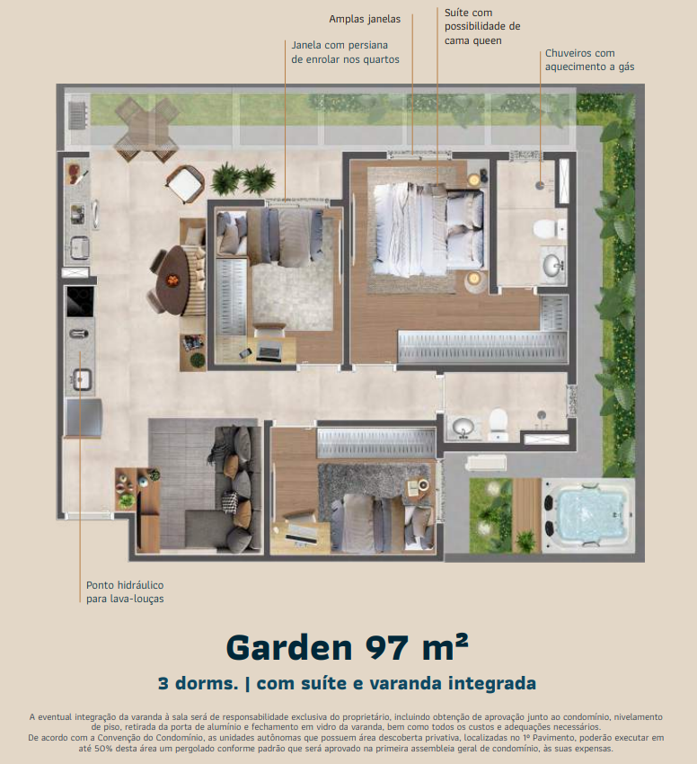 Planta Gardens — 81 m², 76 m², 89 m² e 97 m² — 3 dormitórios com suíte e varanda