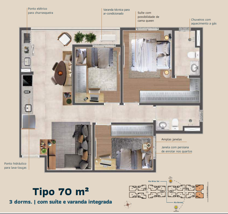 Planta 70 m² — 3 dormitórios | com suíte e varanda integrada