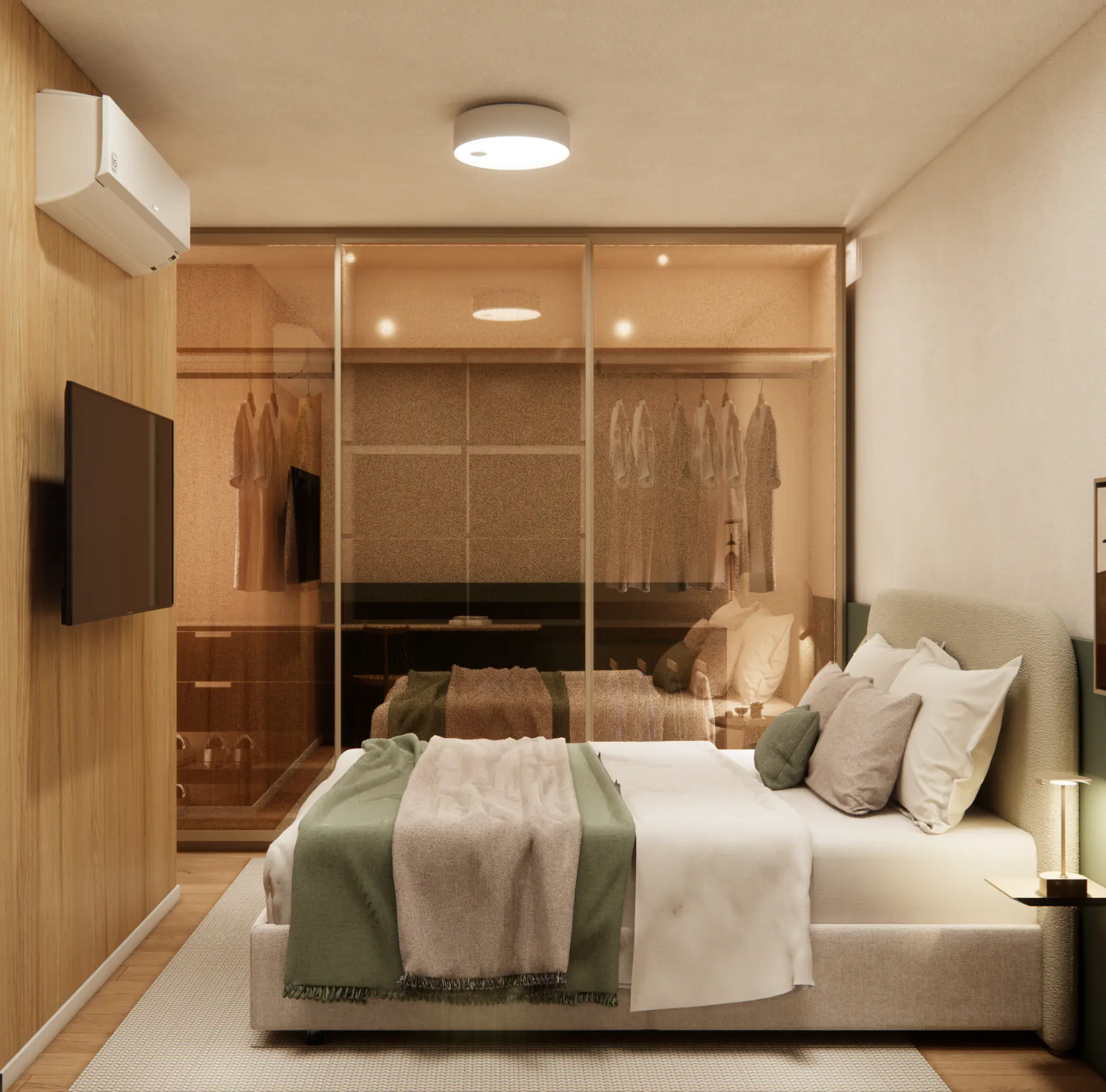 Suíte do apartamento decorado Sky Breeze com closet fechado em vidro e painel de madeira com TV