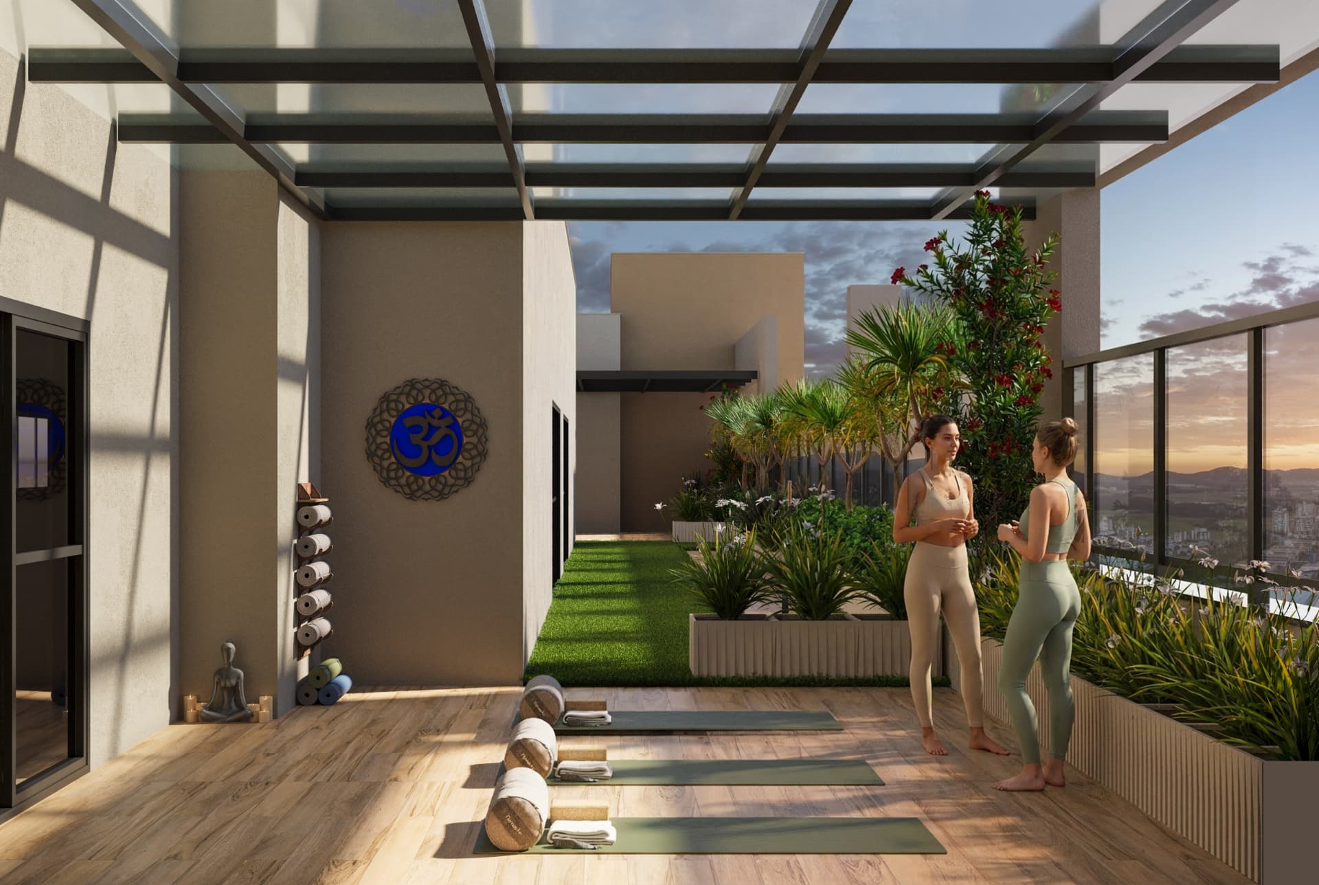 Espaço yoga do Sky Breeze com tapetes, cobertura de vidro, jardim e vista para a serra ao pôr do sol