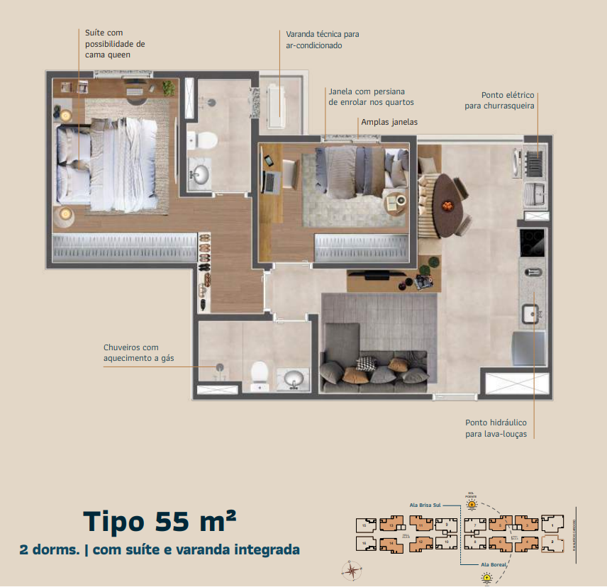 Planta 55 m² — 2 dormitórios com suíte e varanda