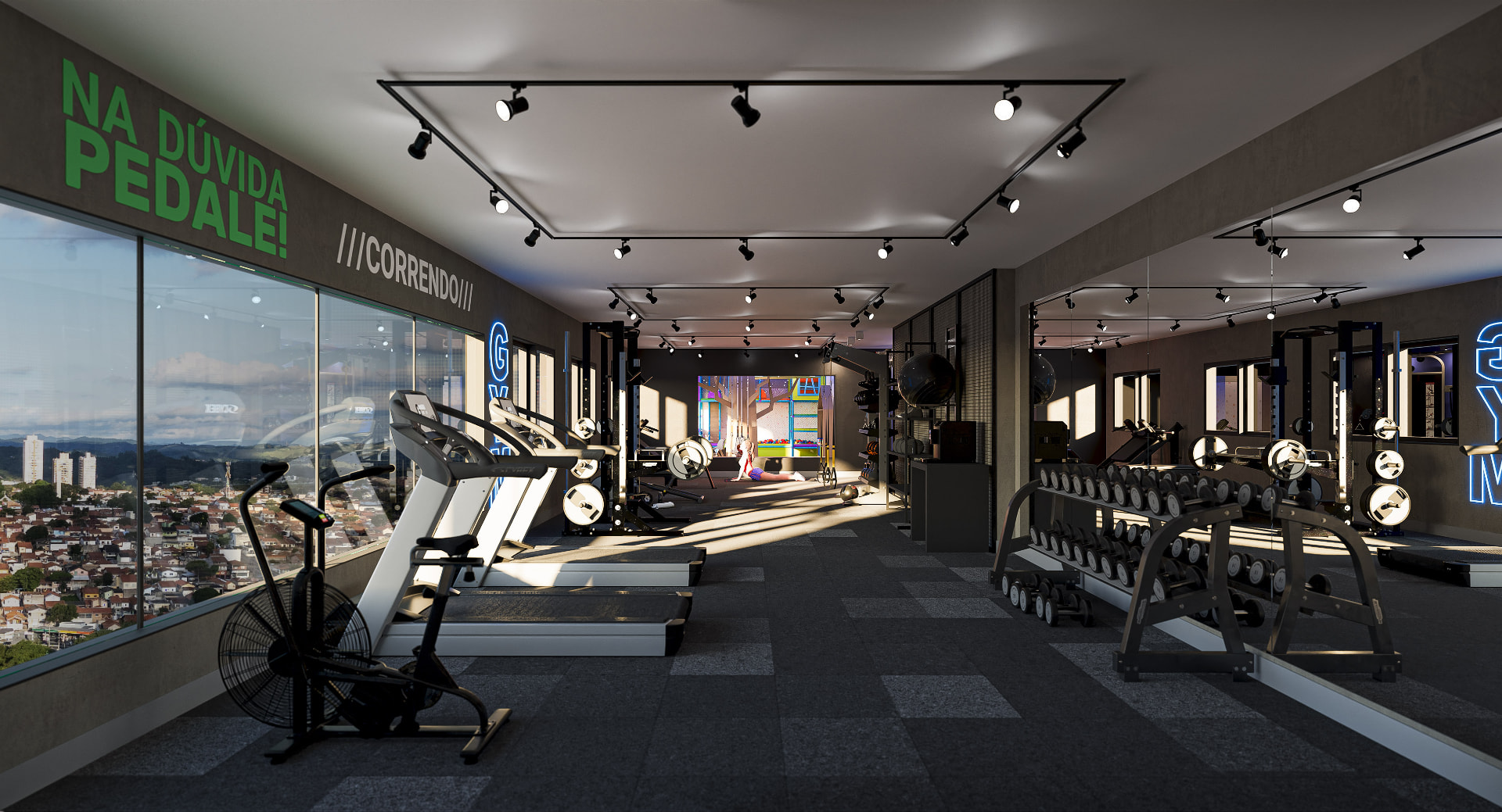 Academia do Sky Breeze com esteiras, halteres, espelhos e janelas com vista panorâmica da cidade