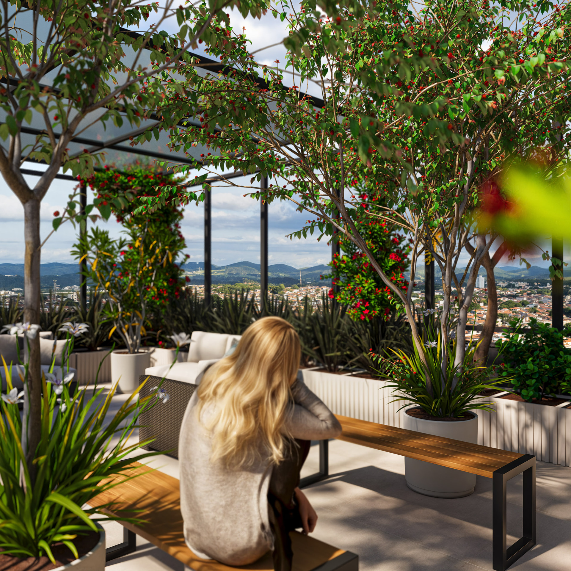 Jardim suspenso do rooftop do Sky Breeze com bancos de madeira, árvores floridas e vista panorâmica da cidade