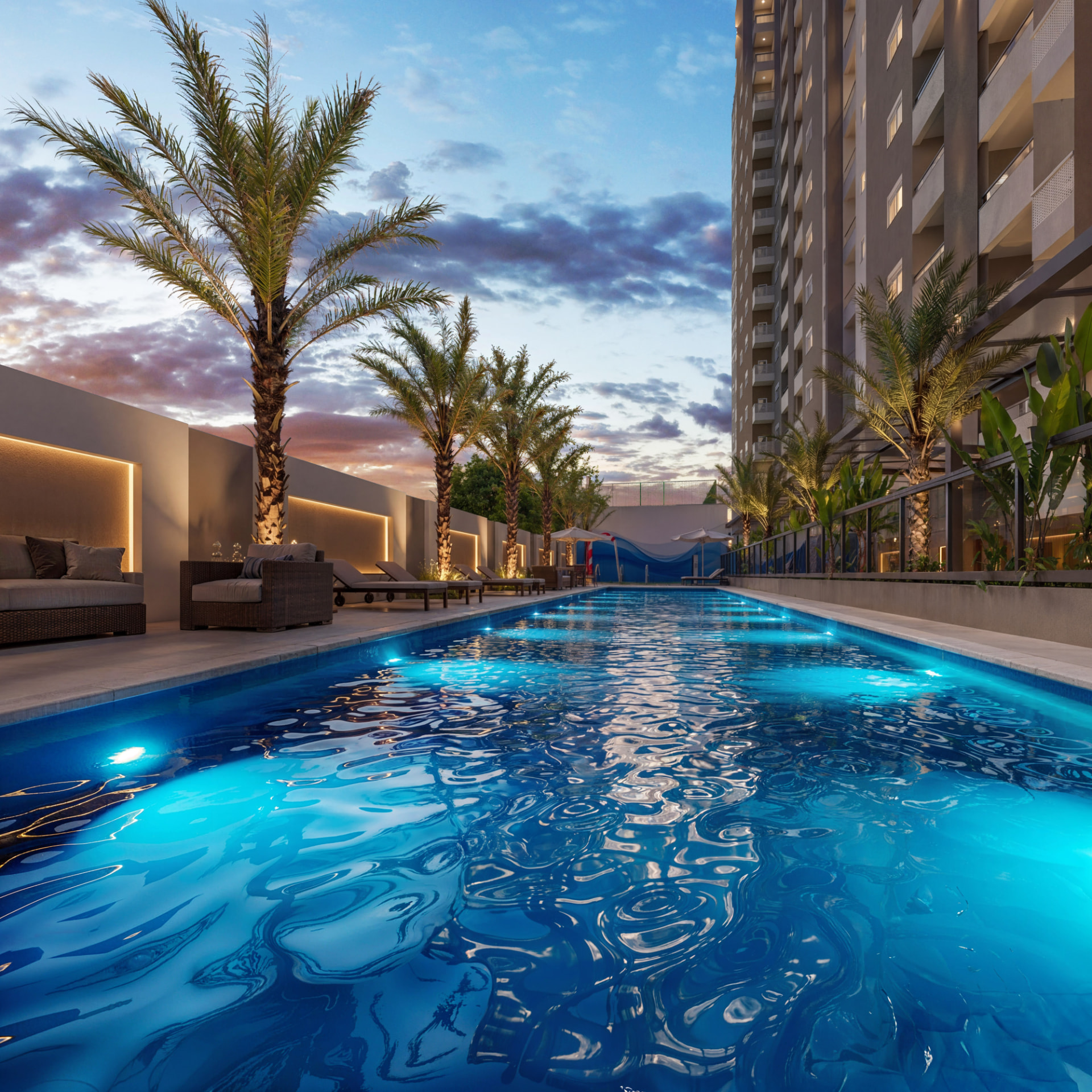 Piscina adulto do Sky Breeze ao entardecer com deck, espreguiçadeiras, palmeiras e iluminação