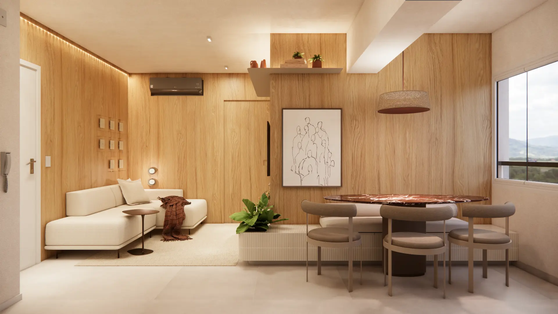 Living integrado do apartamento decorado Sky Breeze com marcenaria em madeira clara, sofá off-white e mesa de jantar redonda