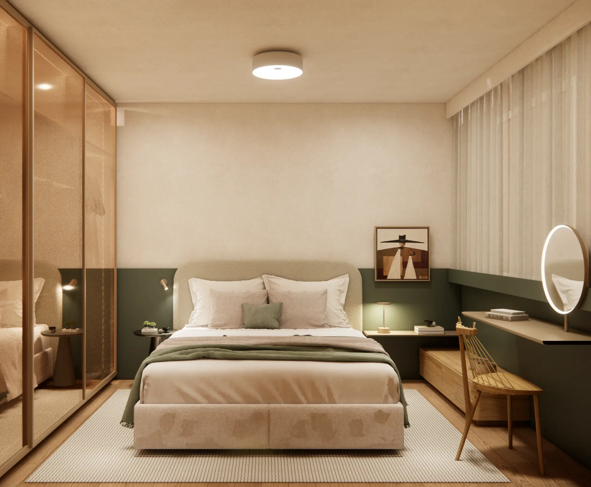 Suíte do apartamento decorado Sky Breeze com cabeceira estofada, meia-parede verde e penteadeira com espelho iluminado