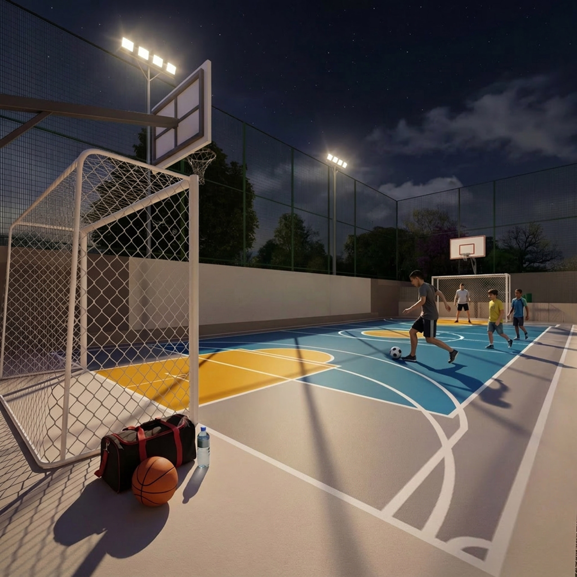 Quadra poliesportiva iluminada do Sky Breeze à noite com jovens jogando futebol