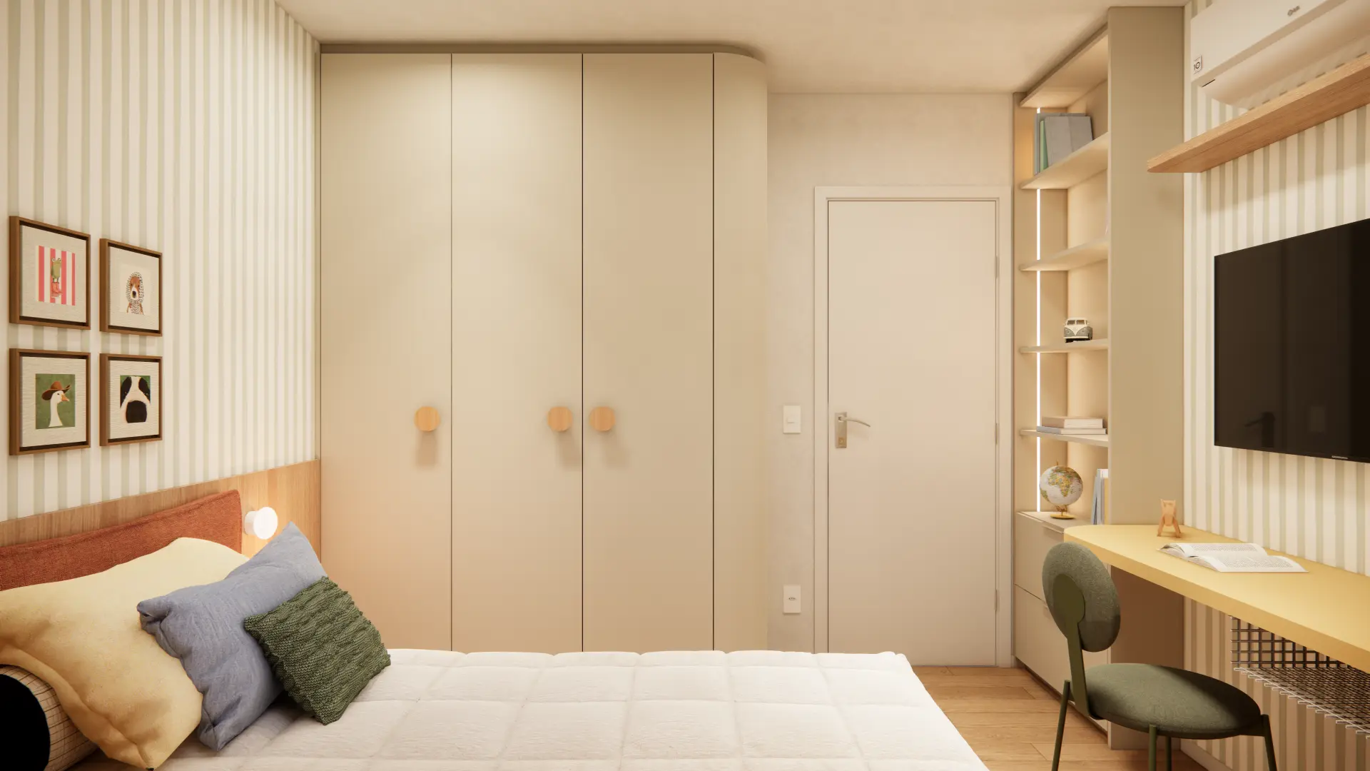 Dormitório infantil do decorado Sky Breeze com armário planejado, papel de parede listrado e bancada de estudos